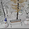 Winter Plant Combination With Snow Covered Trees Yellow Foliage Bench Snowmen And White Fence
