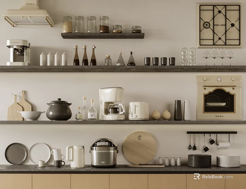Neat Kitchen Shelves Display Cooking Utensils Pots Pans Glass Jars And Wooden Board 3d model 