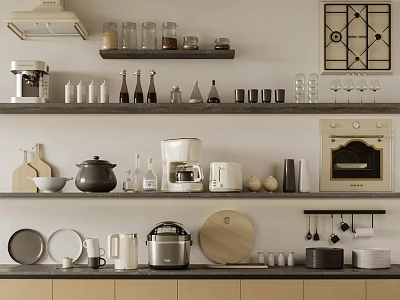 Neat Kitchen Shelves Display Cooking Utensils Pots Pans Glass Jars And Wooden Board 3d model