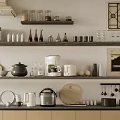 Neat Kitchen Shelves Display Cooking Utensils Pots Pans Glass Jars And Wooden Board