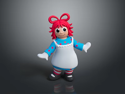 Cartoon Woman with Red Curly Hair Pink Bow Blue Polka Dot Top White Apron Striped Socks 3d model