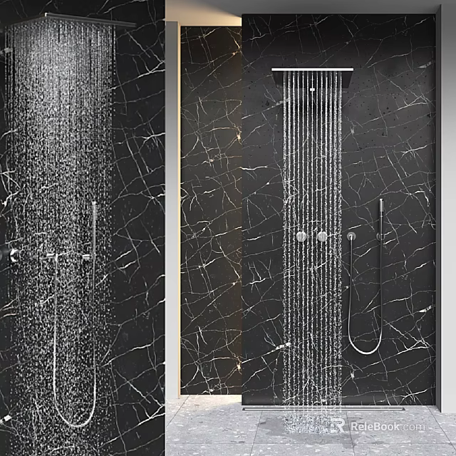 Modern Bathroom Fixture Set With Black Marble Walls Rainfall Showerhead And Handheld Sprayer 3d model 