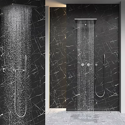 Modern Bathroom Fixture Set With Black Marble Walls Rainfall Showerhead And Handheld Sprayer 3d model