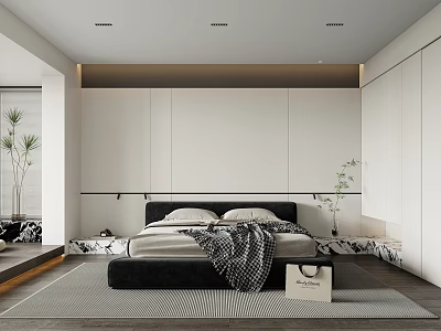 Modern Bedroom Interior With Platform Bed Built In Wardrobe And Area Rug 3d model
