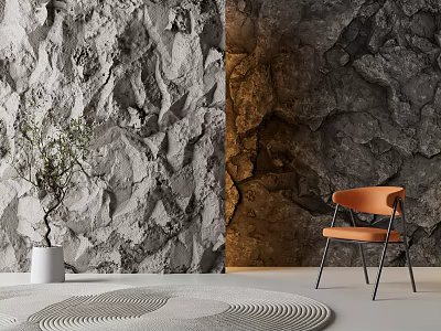 Gray and Dark Textured Rock Background Wall with Orange Chair White Planter and Circular Rug 3d model