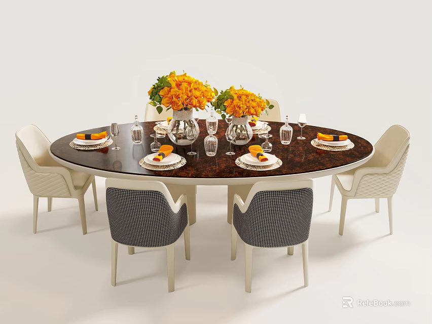 Round Dark Tabletop Dining Table and Chairs Set With Orange Flower Bouquets 3d model