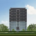 Modern High Rise Residential Building With Glass Windows Green Lawns And Trees