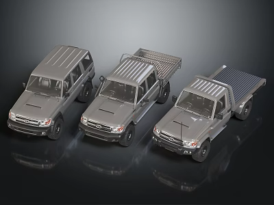 Three Silver SUV And Pickup Truck Models On Shiny Reflective Surface 3d model