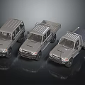 Three Silver SUV And Pickup Truck Models On Shiny Reflective Surface 3d model