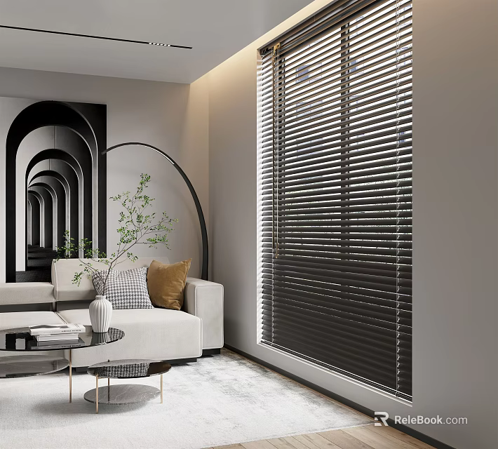 Dark Window Blinds in Modern Living Room with Sofa Mirror and Green Plants 3d model 