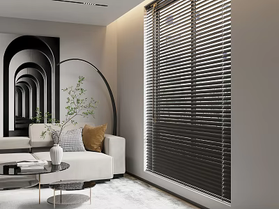 Dark Window Blinds in Modern Living Room with Sofa Mirror and Green Plants 3d model