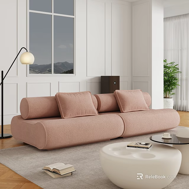 Modern Pink Two-Seater Sofa With Cushions Floor Lamp And Coffee Table In Bright Living Room 3d model 