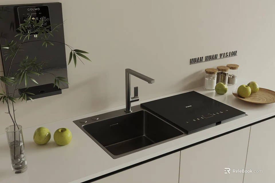 Modern Black Kitchen Sink with Faucet on White Countertop and Green Apples 3d model 