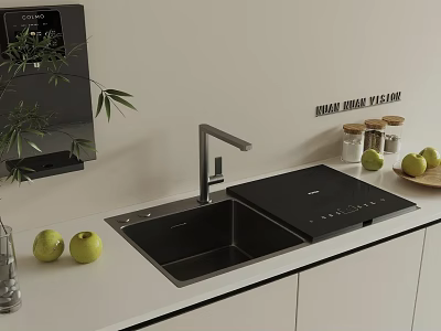 Modern Black Kitchen Sink with Faucet on White Countertop and Green Apples 3d model