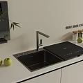 Modern Black Kitchen Sink with Faucet on White Countertop and Green Apples