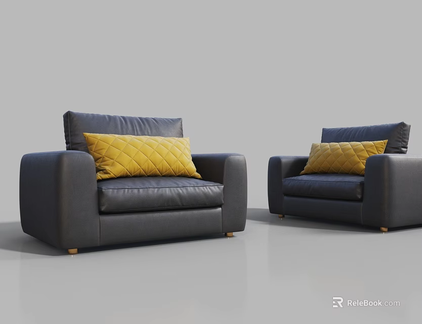 Single Seater Black Leather Sofa With Yellow Cushion Modern Design Pair 3d model