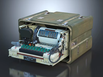 Vintage Open Portable Mechanical Device With Green Metal Case Rotary Dial And Green Buttons 3d model