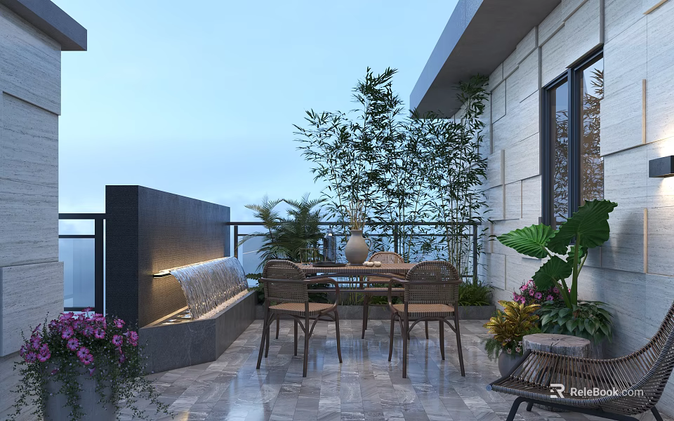 Garden Landscape on Modern Balcony with Water Feature Table Chairs Green Plants and Stone Flooring 3d model 