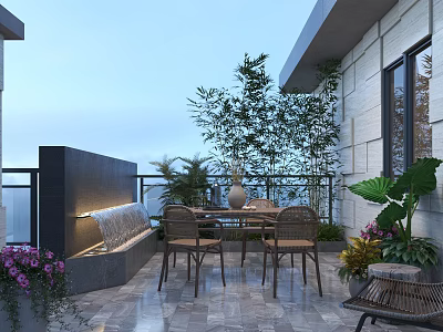 Garden Landscape on Modern Balcony with Water Feature Table Chairs Green Plants and Stone Flooring 3d model