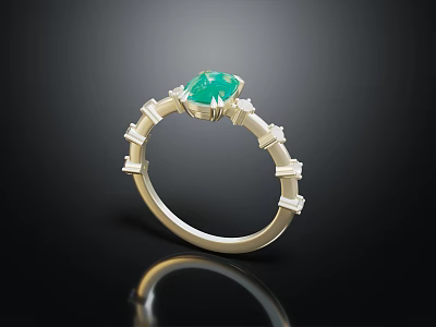 Elegant Gold Band Ring With Central Green Gemstone And Geometric Details 3d model