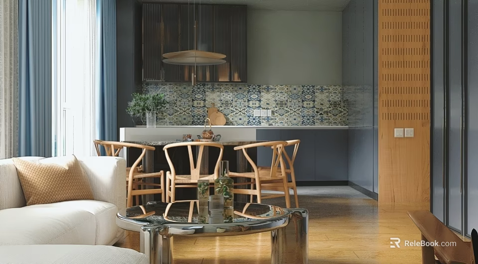 Modern Open Dining and Living Room Interior Design With Wooden Chairs And Glass Coffee Table 3d model 