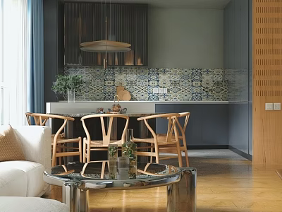Modern Open Dining and Living Room Interior Design With Wooden Chairs And Glass Coffee Table 3d model