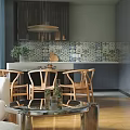 Modern Open Dining and Living Room Interior Design With Wooden Chairs And Glass Coffee Table