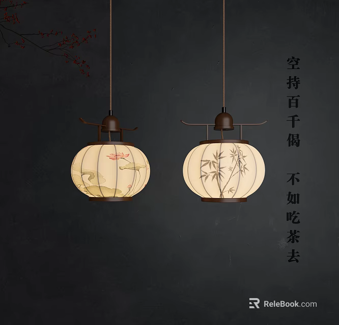 Traditional Chinese Lantern Shaped Pendant Lights With Bamboo And Landscape Design 3d model 