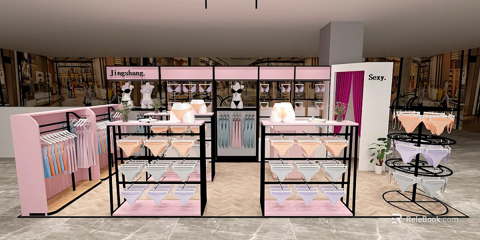 Finehang Scary Lingerie Store with Pastel Colored Lingerie Display Racks and Mannequins 3d model 