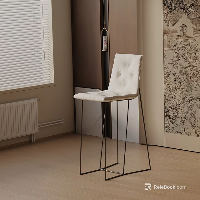 Stylish White Bar Stool With Tufted Back And Black Metal Legs In Modern Interior 3d model 