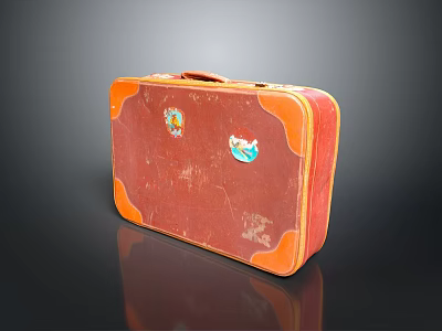Vintage Brown Suitcase With Orange Trim Colorful Stickers And Worn Texture 3d model