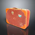 Vintage Brown Suitcase With Orange Trim Colorful Stickers And Worn Texture