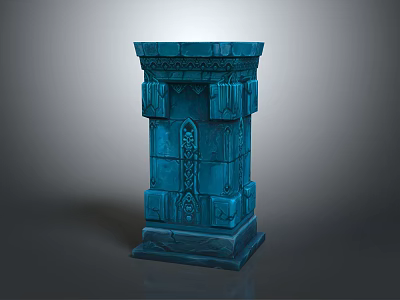 Blue Decorative Column Featuring Intricate Carvings And Layered Stone Structure 3d model