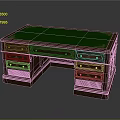 Vintage Style Wooden Desk With Green Desktop And Ornate Decorative Drawers