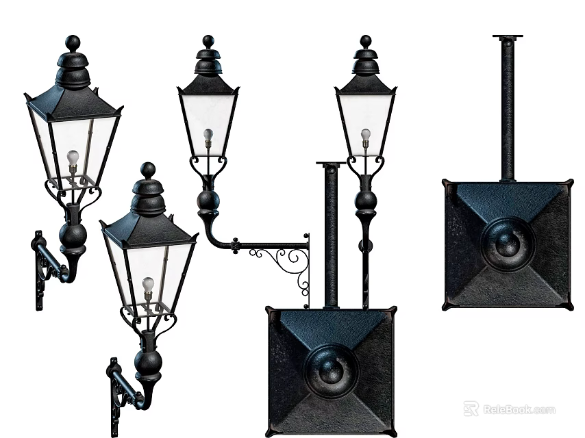 Classic Black Metal Wall Lamps With Glass Shades And Decorative Design Elements 3d model 