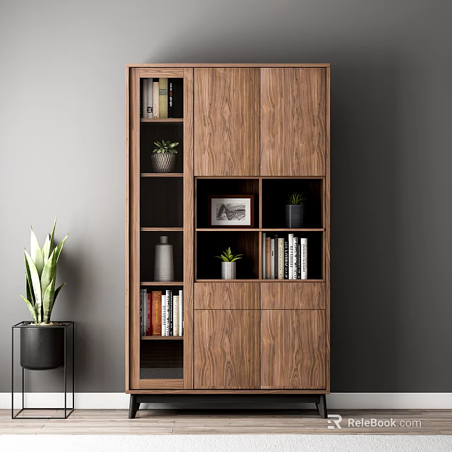 Wooden Bookcase with Books Potted Plant Framed Picture and Decorative Vase 3d model 