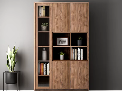 Wooden Bookcase with Books Potted Plant Framed Picture and Decorative Vase 3d model