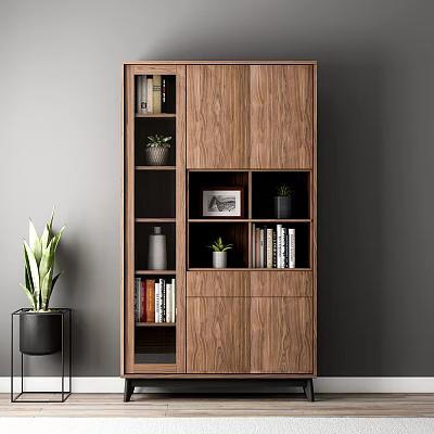 Wooden Bookcase with Books Potted Plant Framed Picture and Decorative Vase 3d model