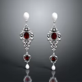 Elegant Women's Earrings with White Pearl Drops Red Gemstones and Silver Filigree Design