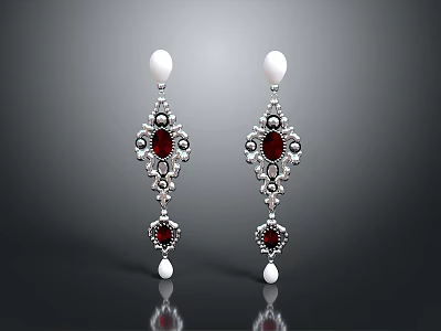 Elegant Women's Earrings with White Pearl Drops Red Gemstones and Silver Filigree Design 3d model