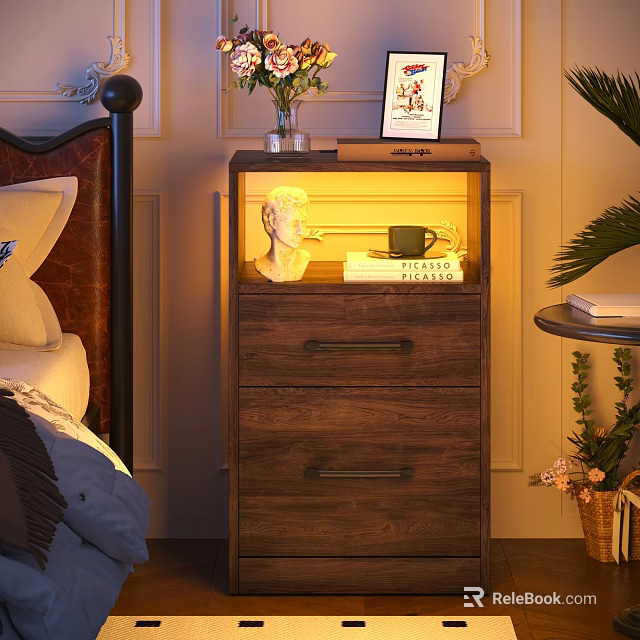 Cozy Bedroom Wooden Nightstand With Drawers Statue Mug Books Picture Frame And Vase Warm Lighting 3d model 