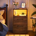 Cozy Bedroom Wooden Nightstand With Drawers Statue Mug Books Picture Frame And Vase Warm Lighting