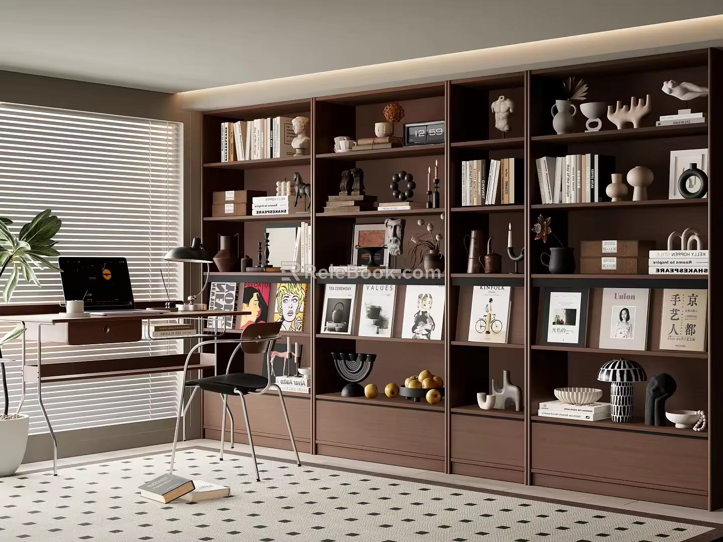Modern Middle Ancient Study Bookcase Combination Bookcase Book Table and Chair Decoration Combination Ceramic Utensils 3d model