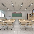 Bright School Classroom Interior With Desks Chairs Blackboard Bookshelves And Windows