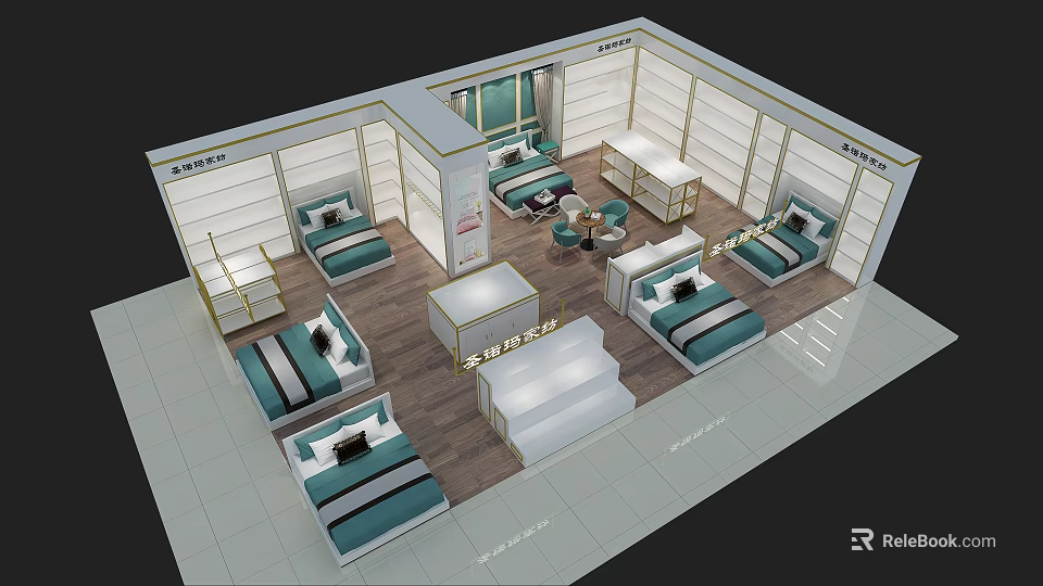 Modern Bedding Specialty Store Interior With Multiple Beds Teal Bedding And Display Shelves 3d model