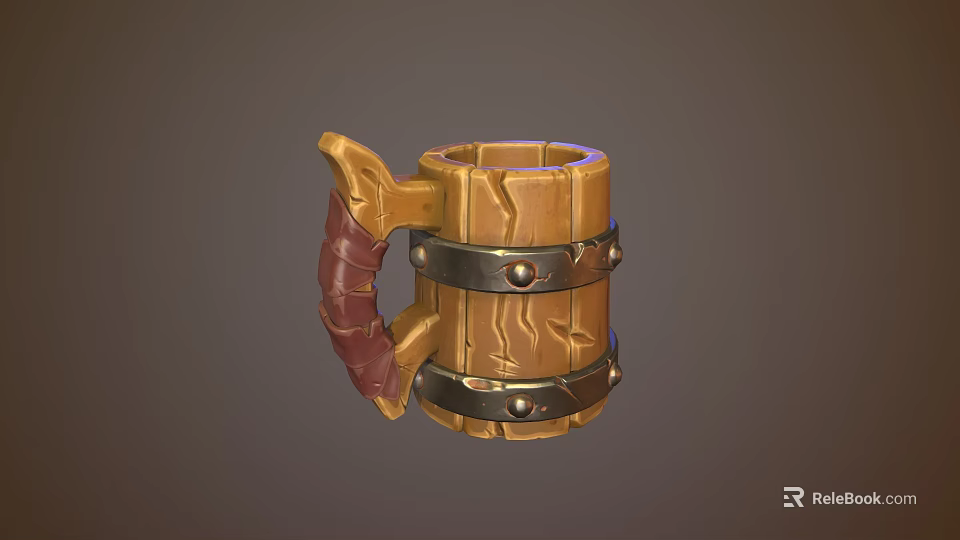 Rustic Wooden Mug With Carved Wood Grain And Metal Bands Red Handle 3d model 