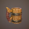 Rustic Wooden Mug With Carved Wood Grain And Metal Bands Red Handle
