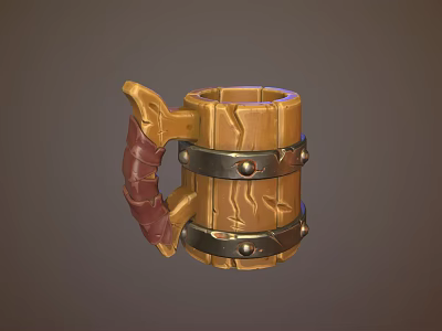 Rustic Wooden Mug With Carved Wood Grain And Metal Bands Red Handle 3d model