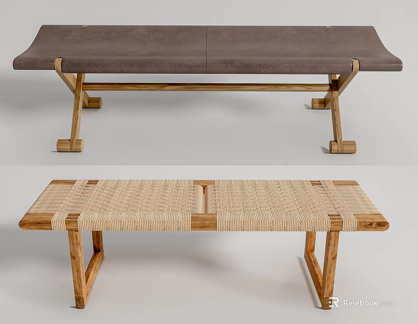 Two Styles Wooden Frame Footstool Featuring Brown Cushion And Woven Surface 3d model 