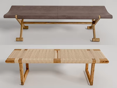 Two Styles Wooden Frame Footstool Featuring Brown Cushion And Woven Surface 3d model